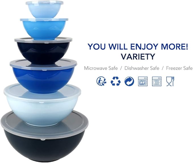 BoxedHome BPA Free Plastic Round Mixing Bowl with Lids, 12 Pack Nesting Bowls with Lids Set, Microwave and Dishwasher Safe Prep & Serving Bowls Great for Mixing, Baking, Serving (Blue, 12pcs)