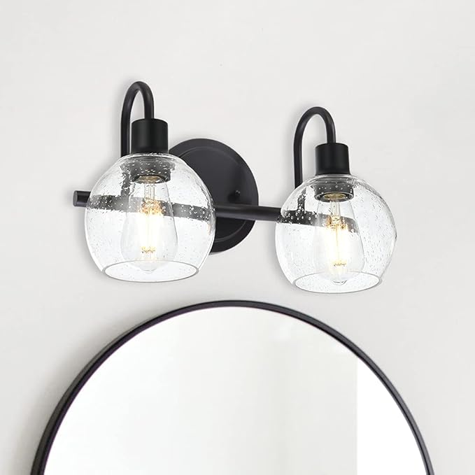 Black 2-Lights Wall Sconce Lighting with Seeded Glass Lampshades Industrial Bathroom Vanity Light Fixtures for Hallway Kitchen Bedroom