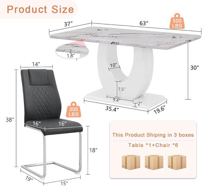 Dining Table Set for 6, Kitchen Table Chairs Set of 6, Modern Dining Room Set 63'' Faux Marble Dinner Table PU Leather Upholstered Chairs for Kitchen