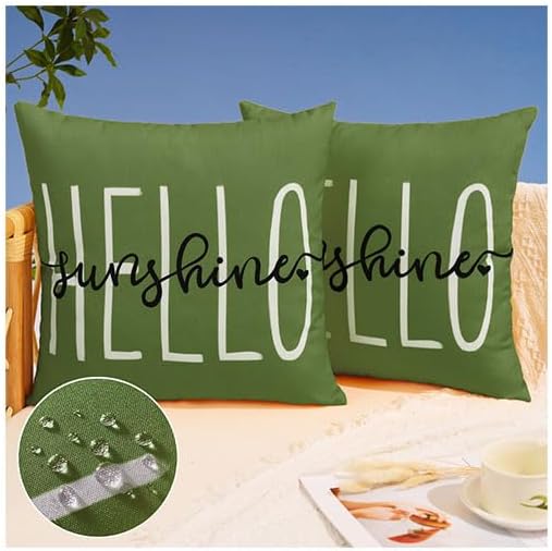 DFXSZ Outdoor Pillow Covers 18x18 Inch Set of 2 Hello Sunshine Decor Olive Green Waterproof Throw Pillow Covers Summer Outdoor Pillow Covers Decor for Patio Funiture Garden Sofa Couch 020G18