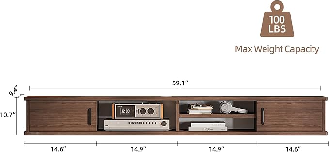 Floating TV Stand,59'' Wall Mounted TV Console,Floating TV Shelf,Wall TV Cabinet,Floating Entertainment Shelf,Walnut