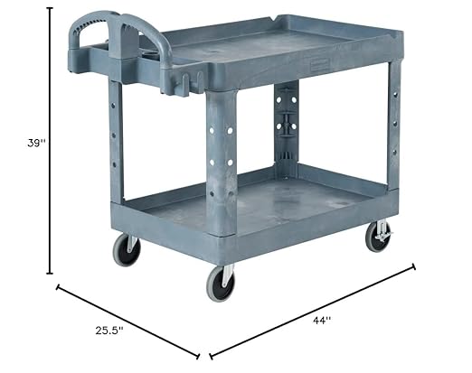 Rubbermaid Commercial Products BRUTE Heavy Duty 2-Shelf Utility/Service Cart, Medium, Lipped Shelves, Ergonomic Handle, 500 lbs. Capacity, Gray, for Warehouse/Garage/Cleaning/Maintenance/Stadiums