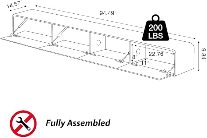 Fully-Assembled Minimalist Floating TV Stand, Modern Wall-Mounted Entertainment Center with 4 Flip-Down Cabinet Doors, Solid Wood Media Console, Walnut Veneer, 94"