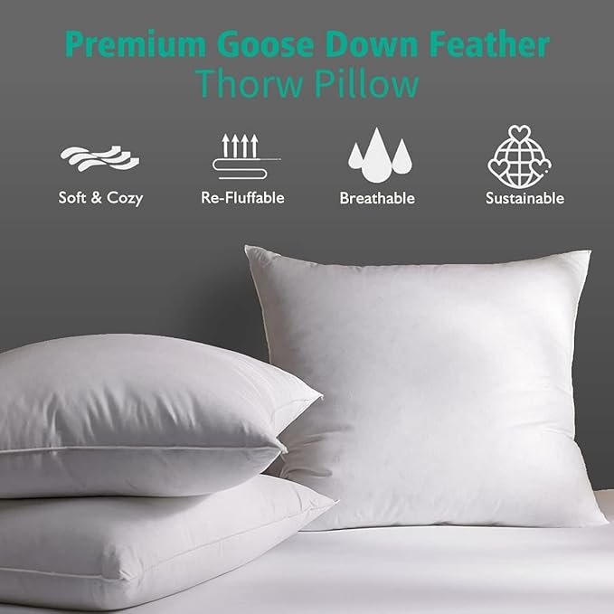 APSMILE Organic 26x26 Feather Down Throw Pillow Inserts Set of 2, 100% Cotton Fabric, Soft Fluffy Square Decorative Euro Pillow Form Core for Sofa, Bed, Couch, Cushion Sham Stuffer