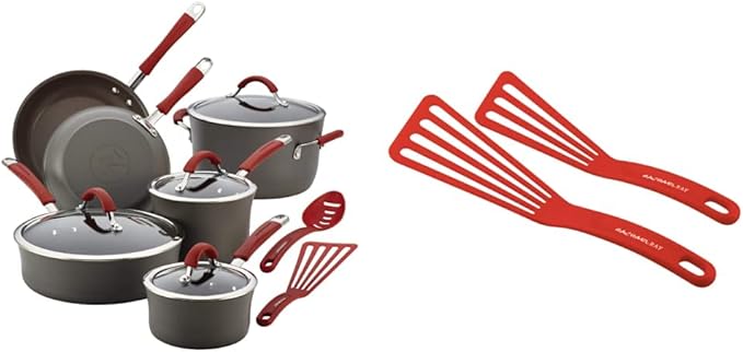 Rachael Ray - 87630 Rachael Ray Cucina Hard Anodized Nonstick Cookware Pots and Pans Set, 12 Piece & KitchenTools and Gadgets Nylon Cooking Utensils / Spatula / Fish Turners - 2 Piece, Red