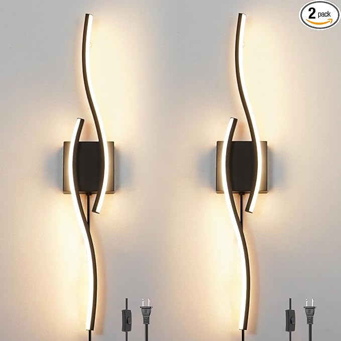 Plug in Wall Sconces Set of 2, Modern Plug in Sconce with Remote, Dimmable LED Wall Light, Wall Lamps with Plug in Cord for TV Wall Sconces, Black Sconce Lighting for Living Room, Hallway, Bedroom