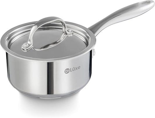 DELUXE Sauce Pan with Lid, 1 Quart Stainless Steel Saucepan with Stay-Cool Handle, Multipurpose Cooking Pot for Sauces Pasta, Suitable Induction/Electric Gas Cooktops, Dishwasher Oven Safe