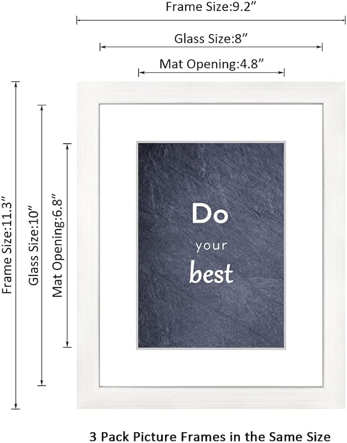 8x10 Picture Frame Set of 3 with Real Glass for Pictures 5x7 with Mat or 8x10 Without Mat, Wall Mounting or Tabletop display Photo Frames in White