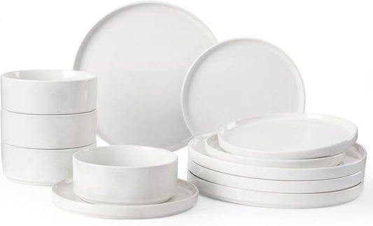 Famiware Nebula Plates and Bowls Set, 12 Pieces Dinnerware Sets, Dishes Set for 4, White