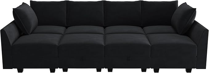 HONBAY Modular Sectional Sofa Velvet Sleeper Couch with Storage Seats Oversized Sectional Couches for Living Room,Black