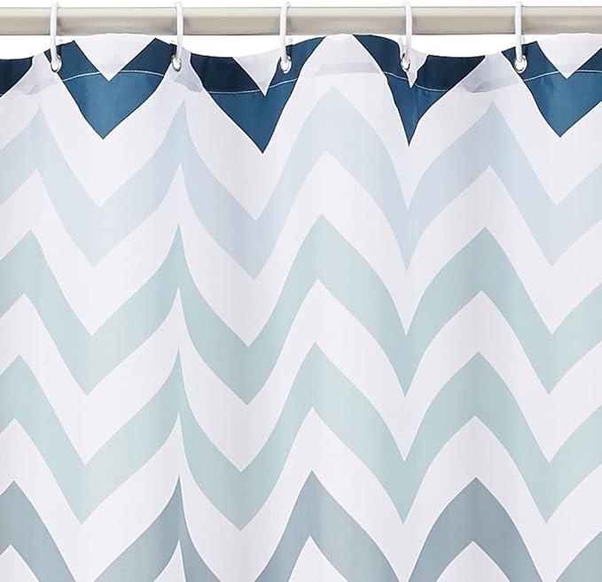 Amazon Basics Bathroom Shower Curtain, Water Resistant Fabric with Grommets & Hooks, Machine Washable, 72"x72" , Blue Ombre Chevron