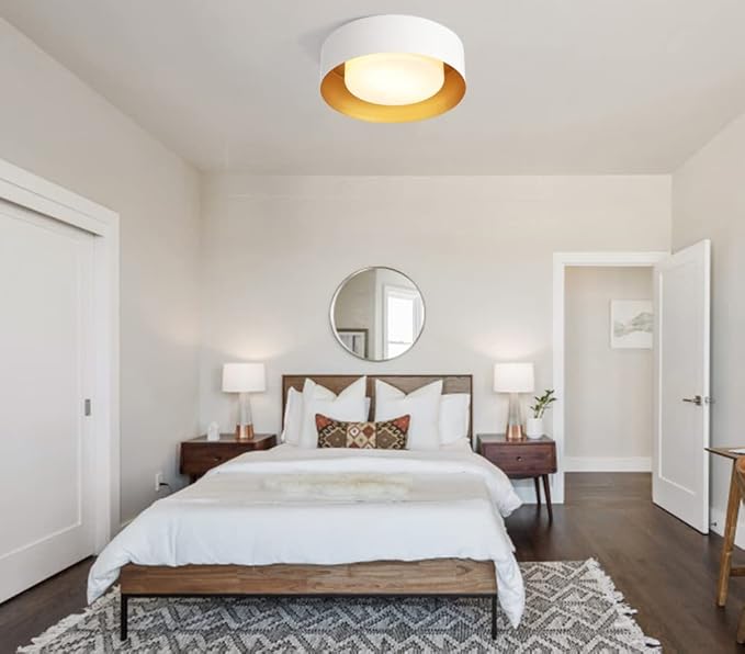 Modern Flush Mount Ceiling Light,Minimalist Close to Ceiling Lighting Fixture,White and Gold Flush Mount Light Fixture for Bedroom,Entry, Hallway,Balcony, Bathroom (12.5'')