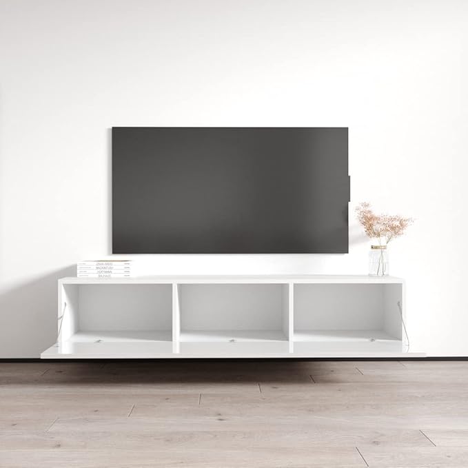 Meble Furniture Fly Type-30 63'' Floating TV Stand with Storage Cabinets - Modern Freestanding Rectangular TV Stand for Living Room - Media Entertainment Center Console Table for TV Up to 70" - White