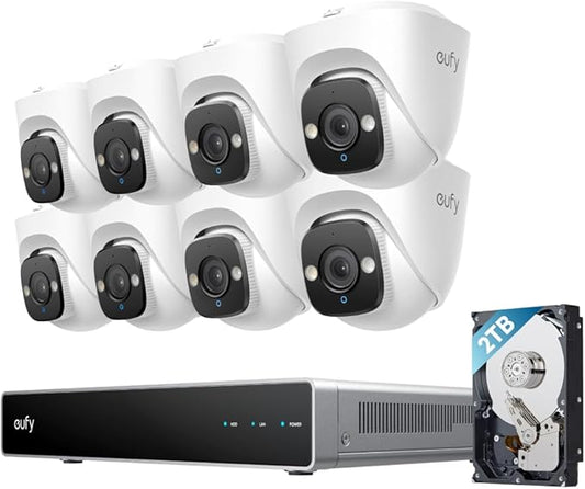 eufy PoE NVR Security System E41,24/7 Recording,Up to 16CH, 2TB HDD, 8 4K Turret Cams, Wired Outdoor Cam, 4K UHD, 122° FOV, Color Night Vision, AI Detection, Red and Blue Strobe