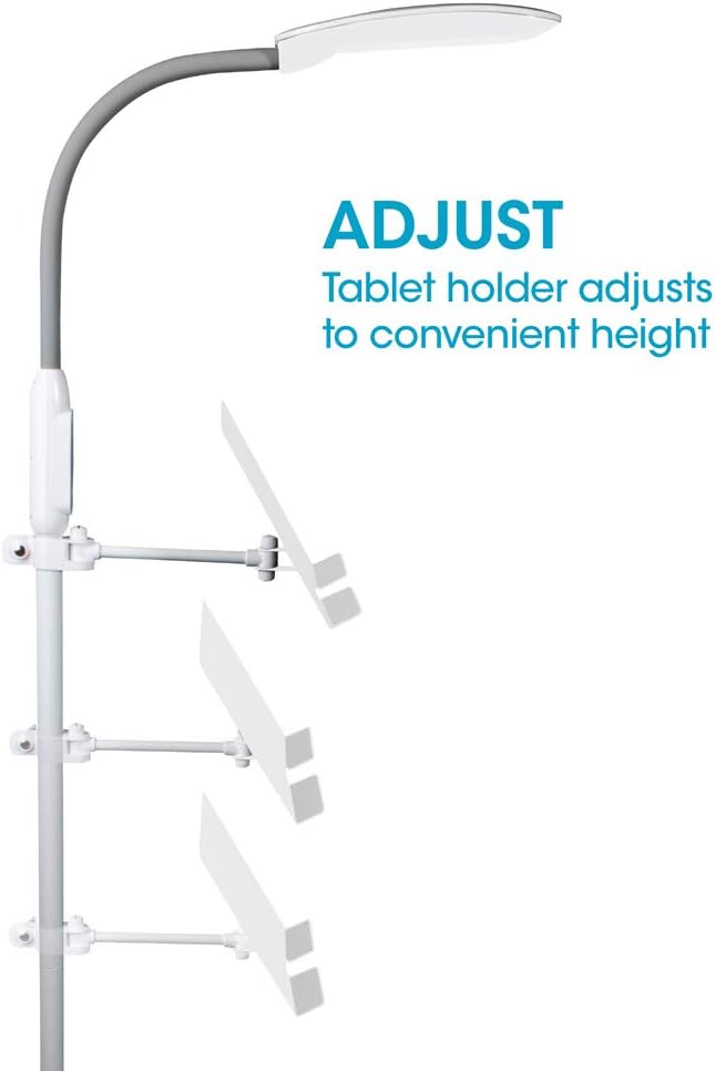 OttLite LED Floor Lamp with USB Port & Tablet Stand – Modern White Design, ClearSun LED Standing Light, USB Charger, Touch Activated Controls, for Crafting, Reading, Work