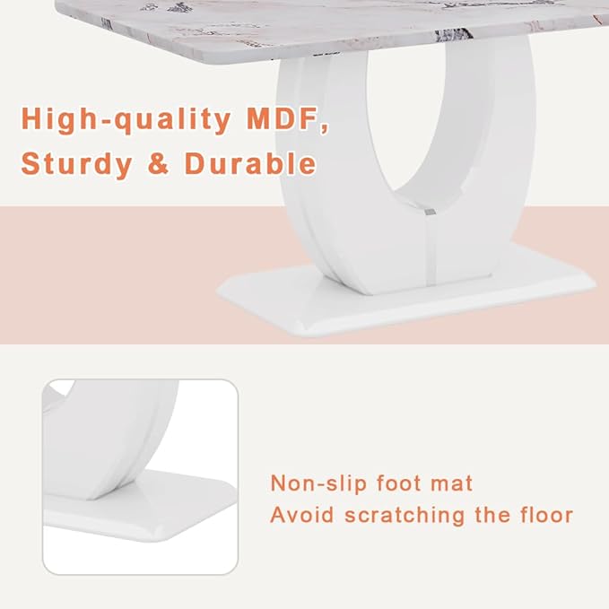 Dining Table Set for 6, Kitchen Table Chairs Set of 6, Modern Dining Room Set 63'' Faux Marble Dinner Table PU Leather Upholstered Chairs for Kitchen