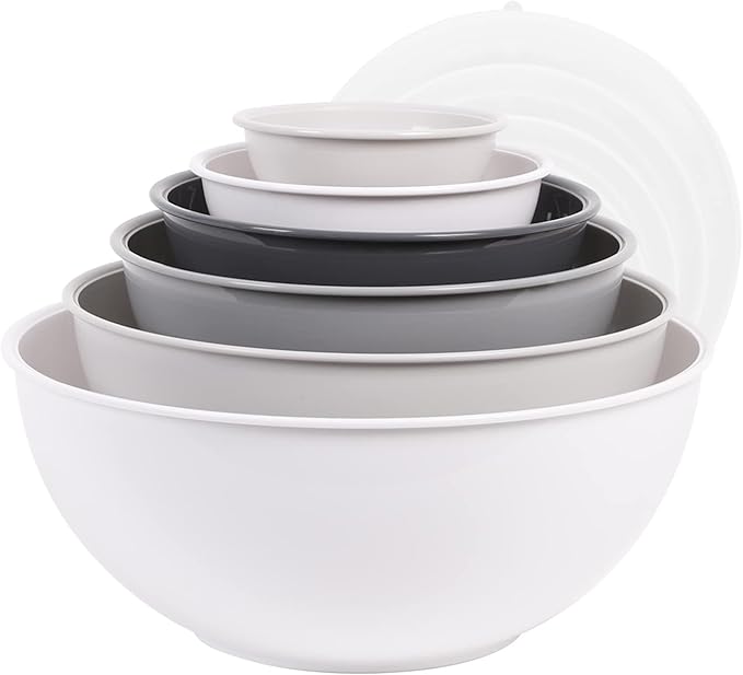 BoxedHome BPA Free Plastic Round Mixing Bowl with Lids, 12 Pack Nesting Bowls with Lids Set, Microwave and Dishwasher Safe Prep & Serving Bowls Great for Mixing, Baking, Serving (White, 12pcs)
