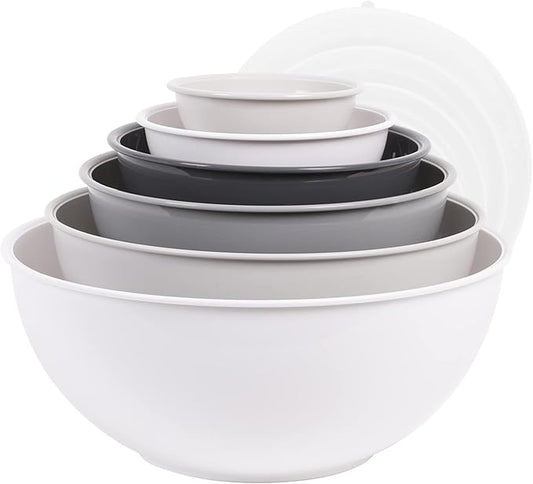 BoxedHome BPA Free Plastic Round Mixing Bowl with Lids, 12 Pack Nesting Bowls with Lids Set, Microwave and Dishwasher Safe Prep & Serving Bowls Great for Mixing, Baking, Serving (White, 12pcs)