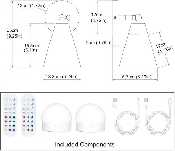 Black and Gold Battery Operated Wall Sconce Set of 2, Rechargeable Wall Light with Remote, 3CCT Dimmable Wireless Wall Lamp, LED Cordless Sconce for Living Room Hallway,12 RGB Colors,180°&330°Rotation