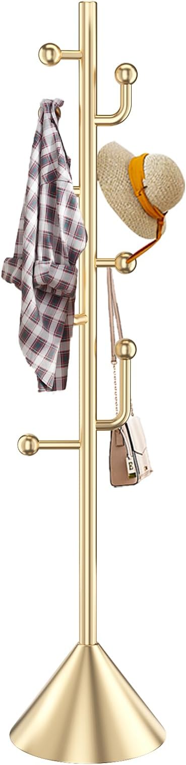 Modern Metal Coat Rack Stand with Cone Base, Heavy Duty Coat Rack Freestanding with 8 Hooks, Golden Cactus Standing Coat Racks for Bag, Jacket, Entryway Office (Golden cone base)