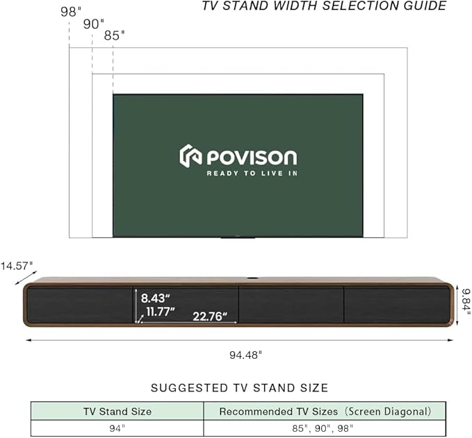 POVISON Fully-Assembled Minimalist Floating TV Stand, Modern Wall-Mounted Entertainment Center with 4 Flip-Down Cabinet Doors, Solid Wood Media Console, Walnut Veneer, 94"