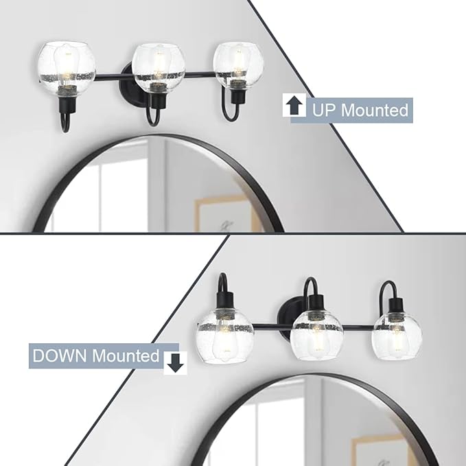 Modern 3-Lights Black Vanity Light Fixtures Farmhouse Metal Bathroom Lighting with Seeded Globe Glass for Hallway Kitchen Over Mirror Bedroom