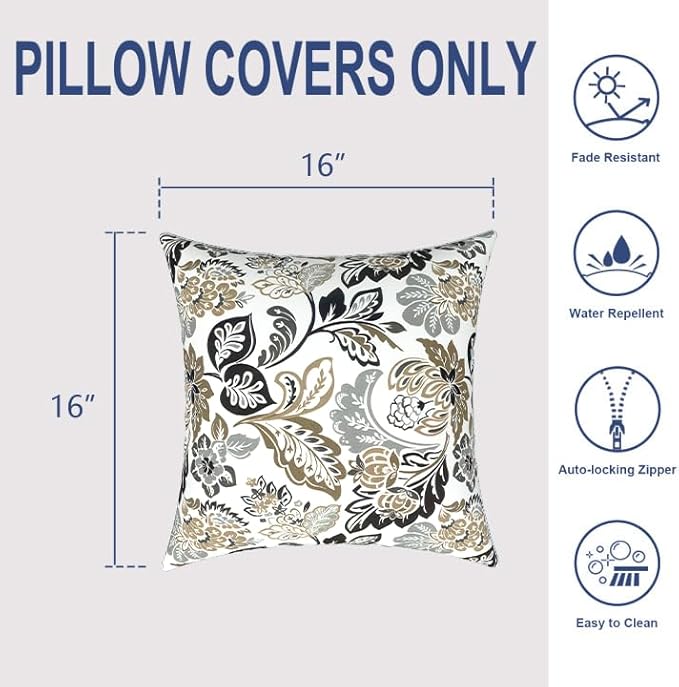 Outdoor/Indoor Throw Pillow Covers Set of 2, All Weather Square Pillow Cases 16x16 Inch, Patio Cushion Pillow of Home Furniture Use, Dailey Tan