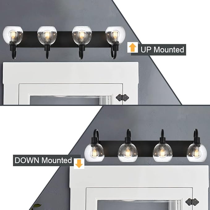 4-Lights Bathroom Vanity Light Fixtures with Seeded Glass Lampshades Black Industrial Wall Lighting for Over Mirror