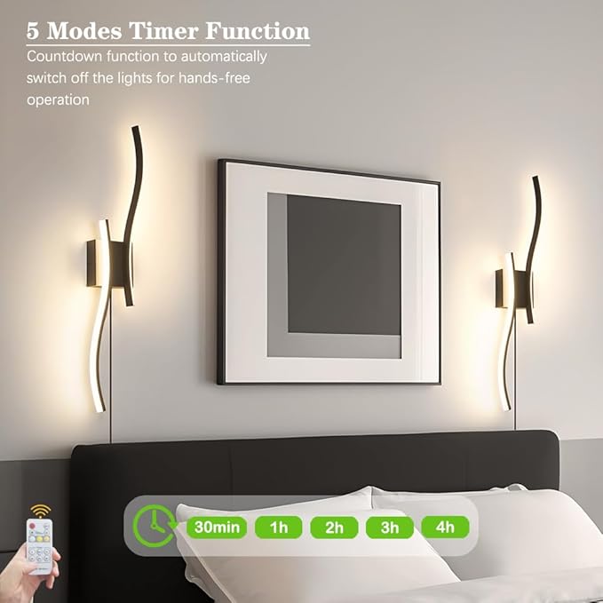 Modern Plug in Wall Sconce Set of 2, Black Dimmable LED Wall Light with Remote Control, 3CCT Adjustable & Memory Function, Timer, Plug in Cord Wall Lamp for TV Wall Living Room Hallway Bedroom
