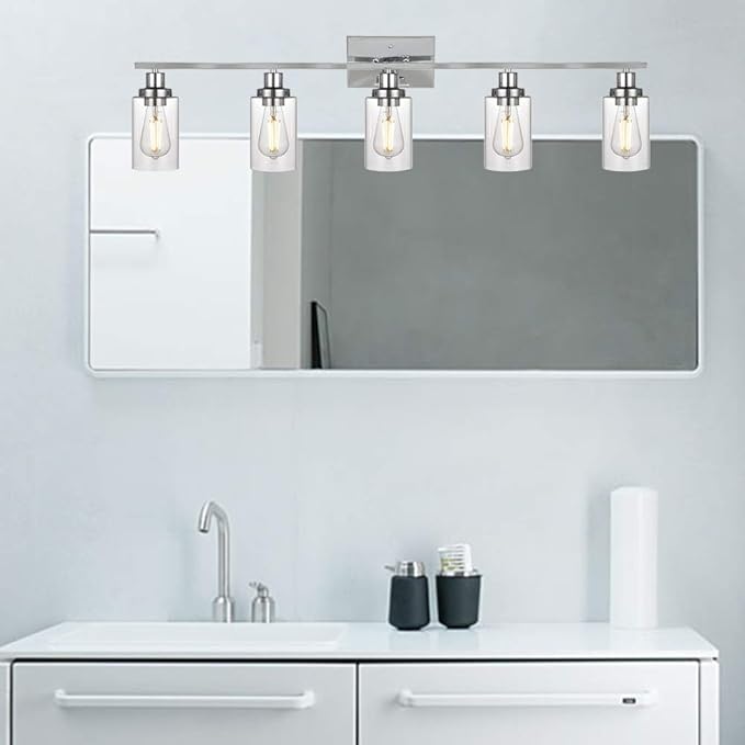 MELUCEE Modern Vanity Lights for Bathroom 5 Lights Chrome Finish with Clear Glass Shade, Contemporary Metal Wall Light Fixtures for Dressing Table Mirror Cabinets (Patent No.: US D963914 S)