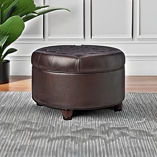 Homepop Home Decor | Button Tufted Faux Leather Round Storage Ottoman | Ottoman with Storage for Living Room & Bedroom (Distressed Brown)