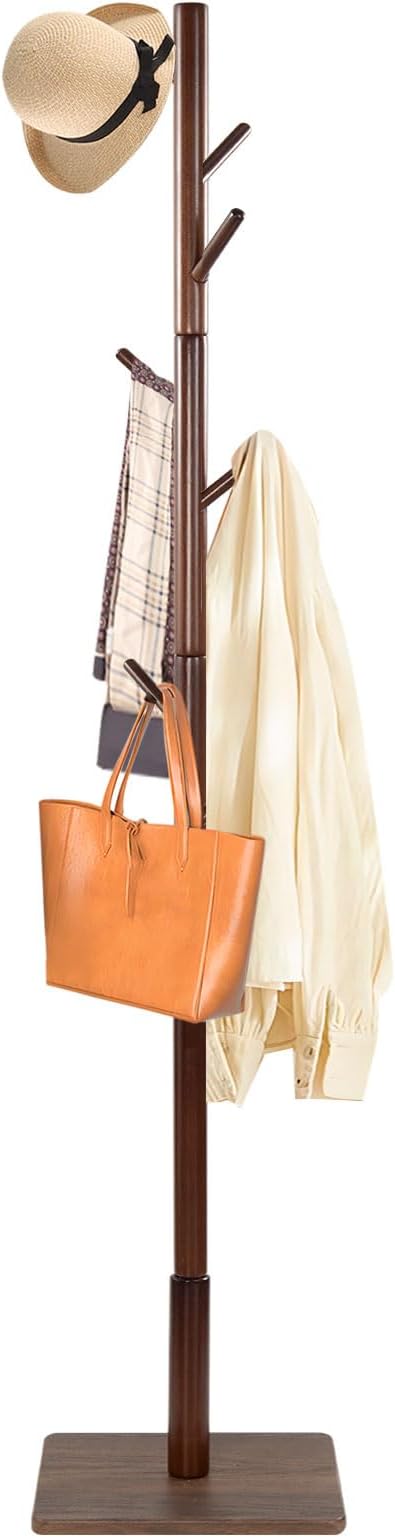 Coat Rack Freestanding with Stable Square Base, Entryway Furniture with 3 Adjustable Sizes and 8 Hooks, Used in Bedroom, Office and Hallway, Brown