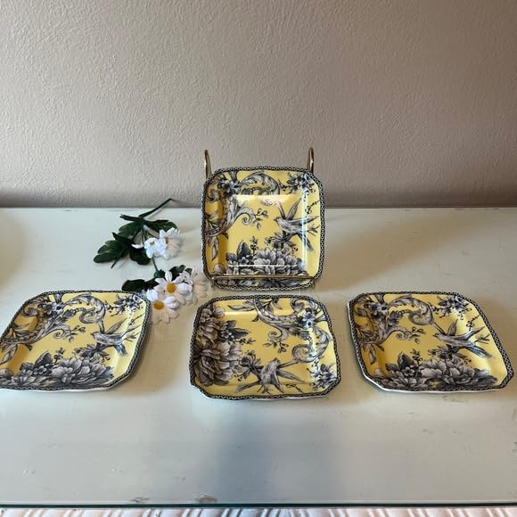 222 Fifth Adelaide 16-Piece Square Floral Dinnerware Set – Service for 4,Yellow Porcelain Plates & Bowls, for Everyday Dining & Entertainment, Microwave & Dishwasher Safe, Chip Resistant