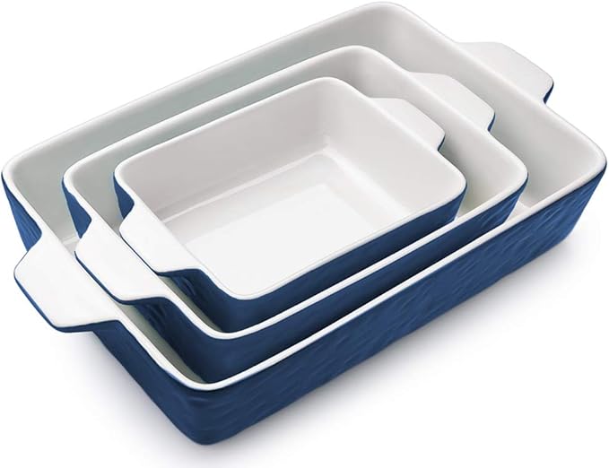 Casserole Dishes for Oven, Ceramic Baking Dishes, Lasagna Pan with Handles, Porcelain Baking Pan Deep, Bakeware for Baking, Cooking, Wedding Gift, Set of 3 (11.6" x 7.8", Dark Blue)