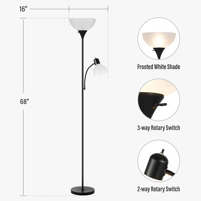 Floor Lamp with Reading Light, 68" Tall Lamp for 2 Head, Standing Lamps for Living Room, Bedroom, Corner, Office. No Bulbs