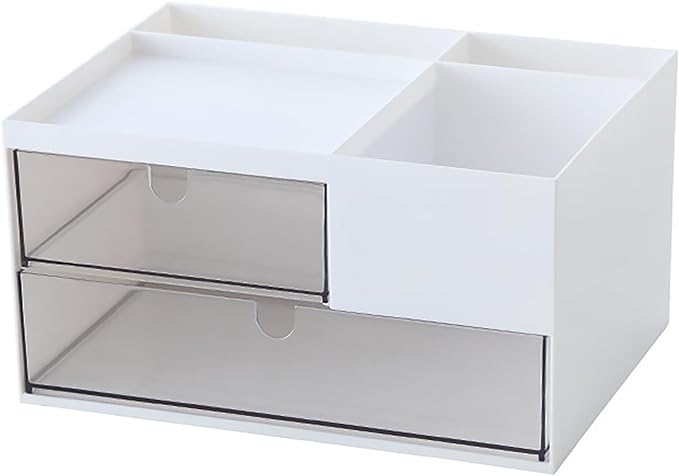 Desk Drawer Organizer, Desk Storage Box with 2 Drawers and 4 Compartments, Multifunctional Desk Accessories & Countertop Organizers for Office School Home (White