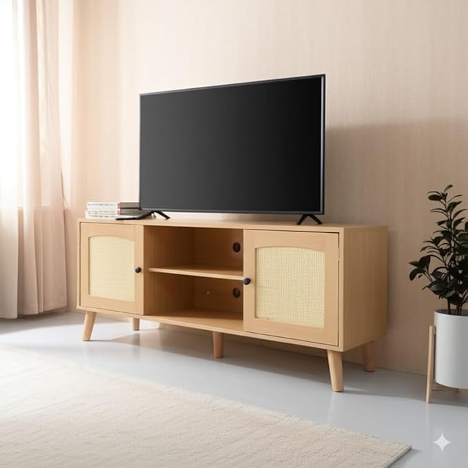 Mid Century Modern Rattan TV Stand for 60" TV - Boho Entertainment Center with 2 Natural Rattan Doors for Living Room, Oak