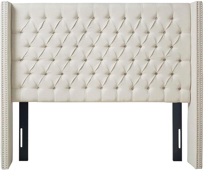 Madison Park Amelia Upholstered Headboard | Nail Head Trim Wingback Button Tufted | Queen, Cream