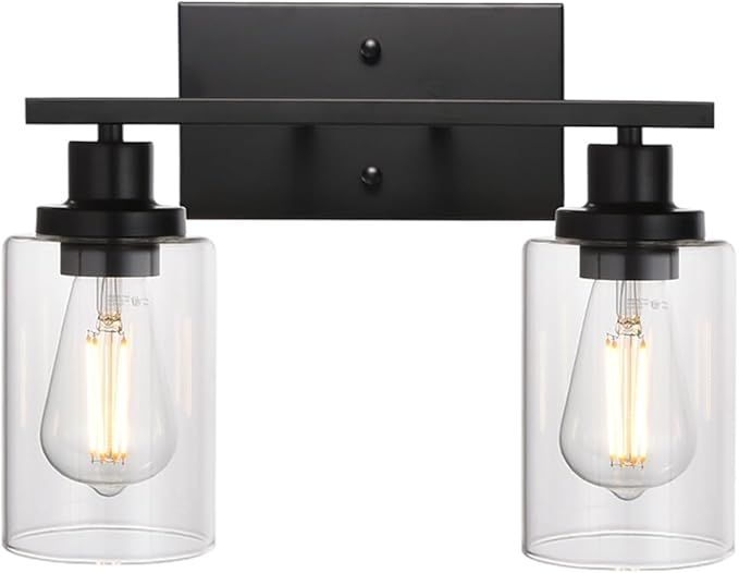 MELUCEE 2-Light Black Wall Sconce Industrial Vintage with Clear Glass Shade and Metal Base, Bathroom Vanity Lights Hallway Light Fixture Sconces Wall Lighting (Patent No.: US D963914 S)