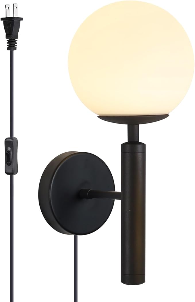KCO Lighting Plug in Wall Sconce Light Black Vintage Industrial Wall Light White Glass Shade Bedside Wall Lamp for Bedroom Stairs Hallway(Black Plug in)