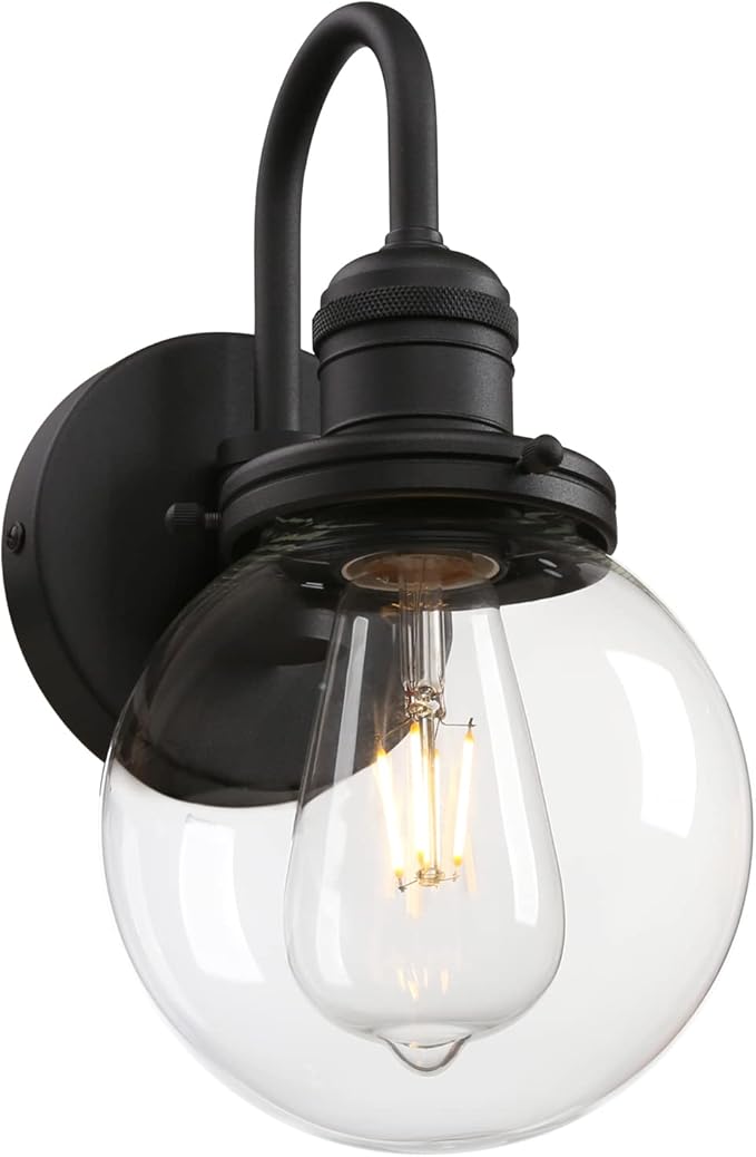 Industrial Vintage Gooseneck Wall Sconce 1-Light with 5.9” Round Clear Glass Globe Shade Indoor Wall Mounted Lamp Fixture