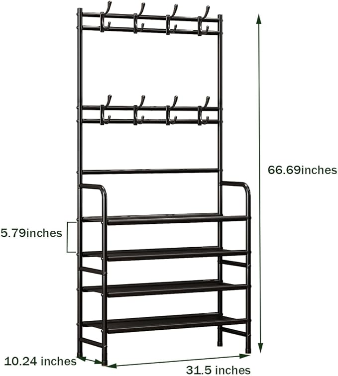 Coat Rack Shoe Rack With Storage Shelf Freestanding with 8 Hooks for Entryway Bedroom Closet 4 Tier, Black