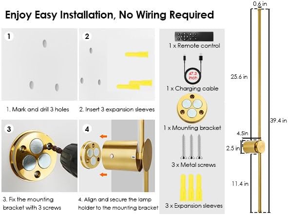 39.4 Inch Battery Operated Wall Sconce, 12000mAh Rechargeable Wall Sconce with Remote Control, Dimmable LED Wireless Wall Light for Bedroom, Living Room, 15 Colors, 180° Rotate, Gold, 1 Pack