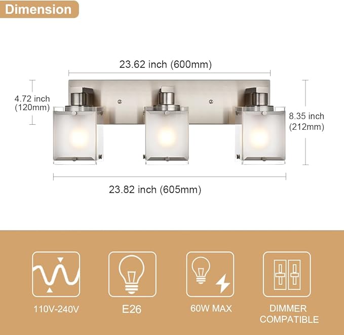 Modern 3-Lights Brushed Nickel Vanity Lights, Bathroom Light Fixture Over Mirror Wall Lighting Sconces with Frosted Glass Shades, E26 Bulb Base