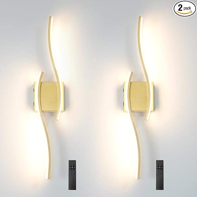 Battery Operated Wall Sconce Set of 2, Gold USB Rechargeable Wall Sconces, Dimmable Cordless Battery Wall Sconces with Remote Control, LED Wireless Lighting for Living Room Hallway Bedroom, 27.56in