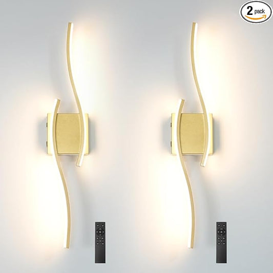 Battery Operated Wall Sconce Set of 2, Gold USB Rechargeable Wall Sconces, Dimmable Cordless Battery Wall Sconces with Remote Control, LED Wireless Lighting for Living Room Hallway Bedroom, 27.56in
