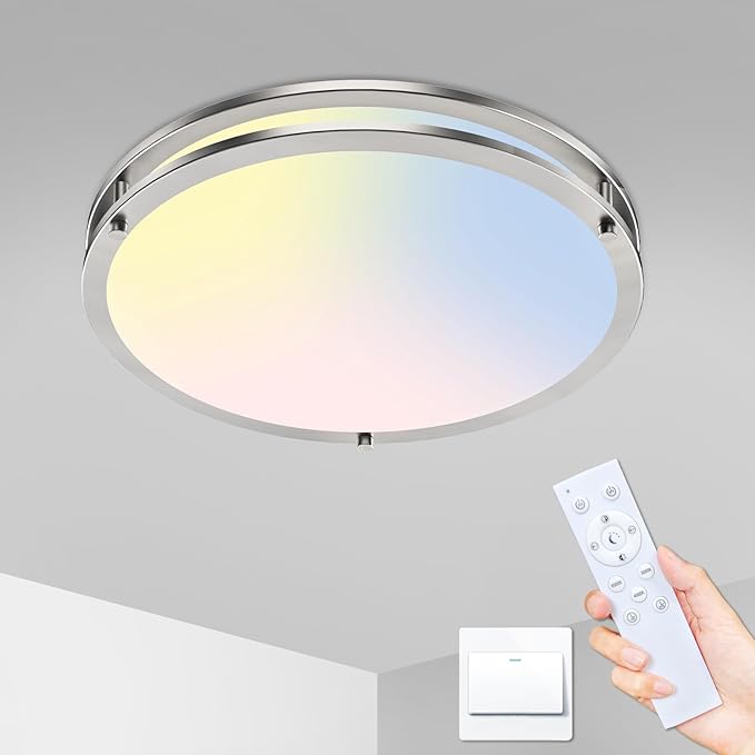 libtit 10Inch Flush Mount Ceiling Lights with Remote, 18W Dimmable LED Ceiling Light with Nightlight and Timer, 3000K-6500K Adjustable Brushed Nickel Light Fixture for Closet Kitchen Hallway-1Pack