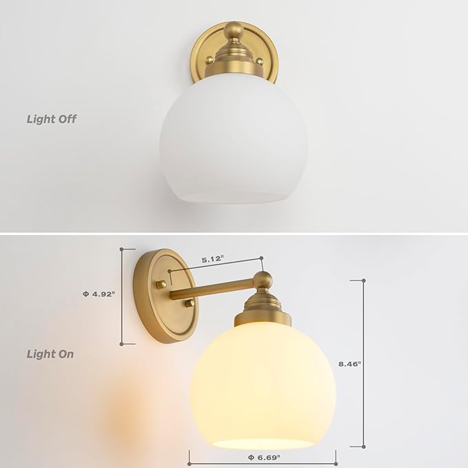 Vintage Brass Wall Sconce Light, Industrial Bathroom Vanity Wall Lighting Globe Glass Shade, Indoor Wall Mounted Lamp Fixture for Bedroom Living Room Hallway