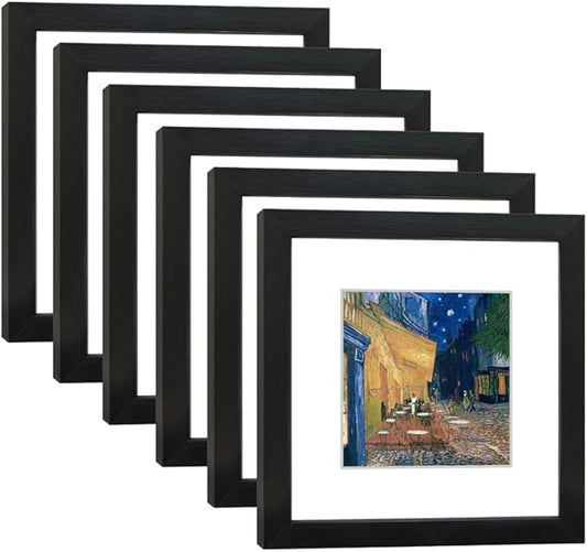 8x8 Picture Frame Set of 6 with Real Glass for Pictures 5x5 with Mat or 8x8 Without Mat, Wall Gallery or Tabletop display Photo Frames in Black