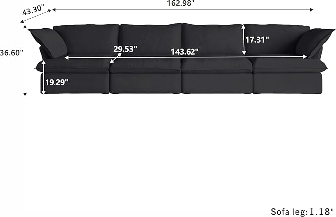 JACH 162.98"" Sectional Couches for Living Room, Modular Sectional Sofa 4 Seat, Cushion Covers Removable, Two Corners and Two Middle Sofa for Living Room, Black, 120-2334